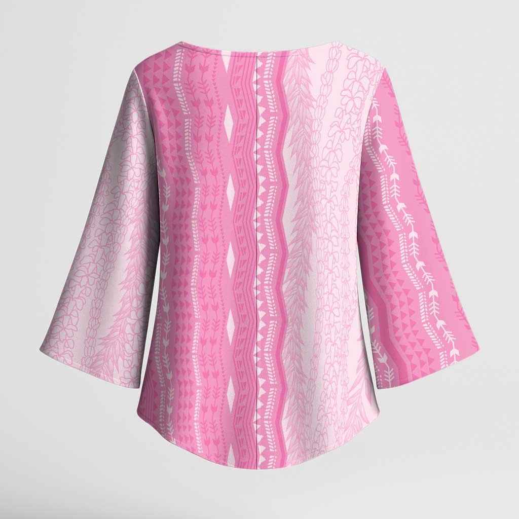 Vintage Pink Hawaiian Traditional Kapa Mix Flowers Lei Kimono Sleeve Blouse