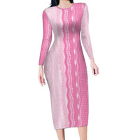 Vintage Pink Hawaiian Traditional Kapa Mix Flowers Lei Long Sleeve Bodycon Dress LT7 Long Dress Pink - Polynesian Pride