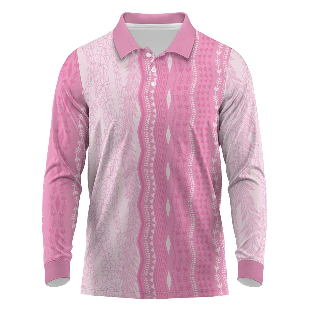 Vintage Pink Hawaiian Traditional Kapa Mix Flowers Lei Long Sleeve Polo Shirt LT7 Pink - Polynesian Pride