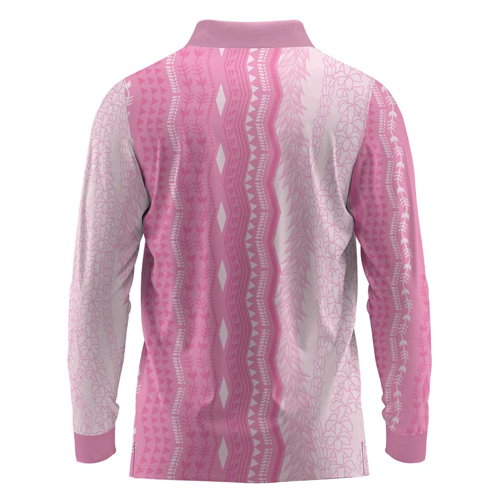 Vintage Pink Hawaiian Traditional Kapa Mix Flowers Lei Long Sleeve Polo Shirt LT7 - Polynesian Pride