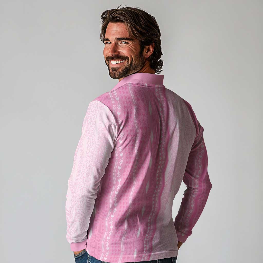 Vintage Pink Hawaiian Traditional Kapa Mix Flowers Lei Long Sleeve Polo Shirt LT7 - Polynesian Pride