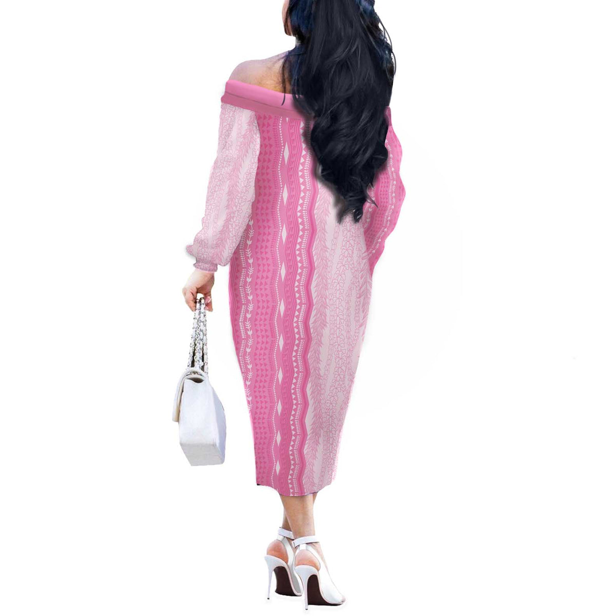 Vintage Pink Hawaiian Traditional Kapa Mix Flowers Lei Off The Shoulder Long Sleeve Dress LT7 - Polynesian Pride