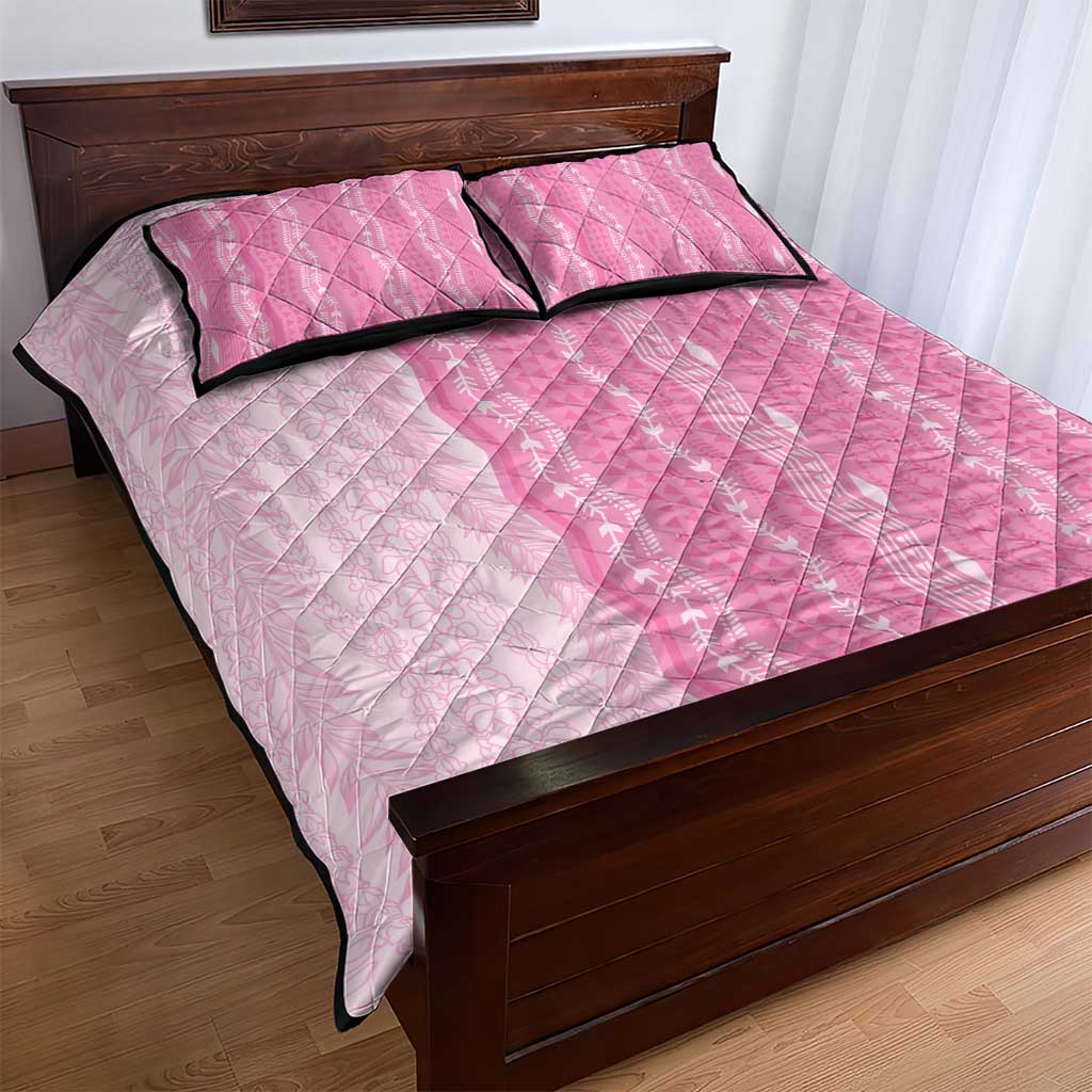 Vintage Pink Hawaiian Traditional Kapa Mix Flowers Lei Quilt Bed Set