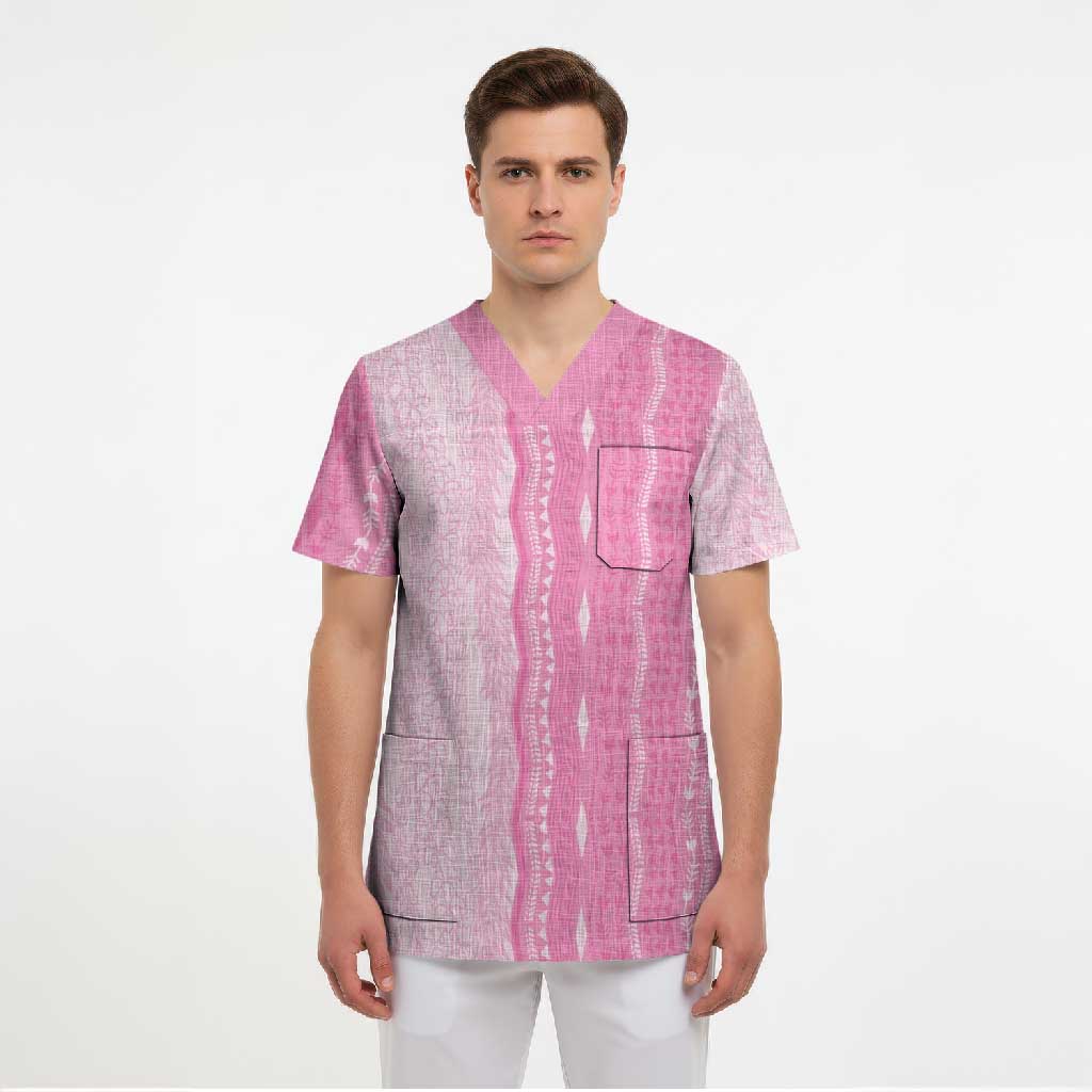 Vintage Pink Hawaiian Traditional Kapa Mix Flowers Lei Scrub Top