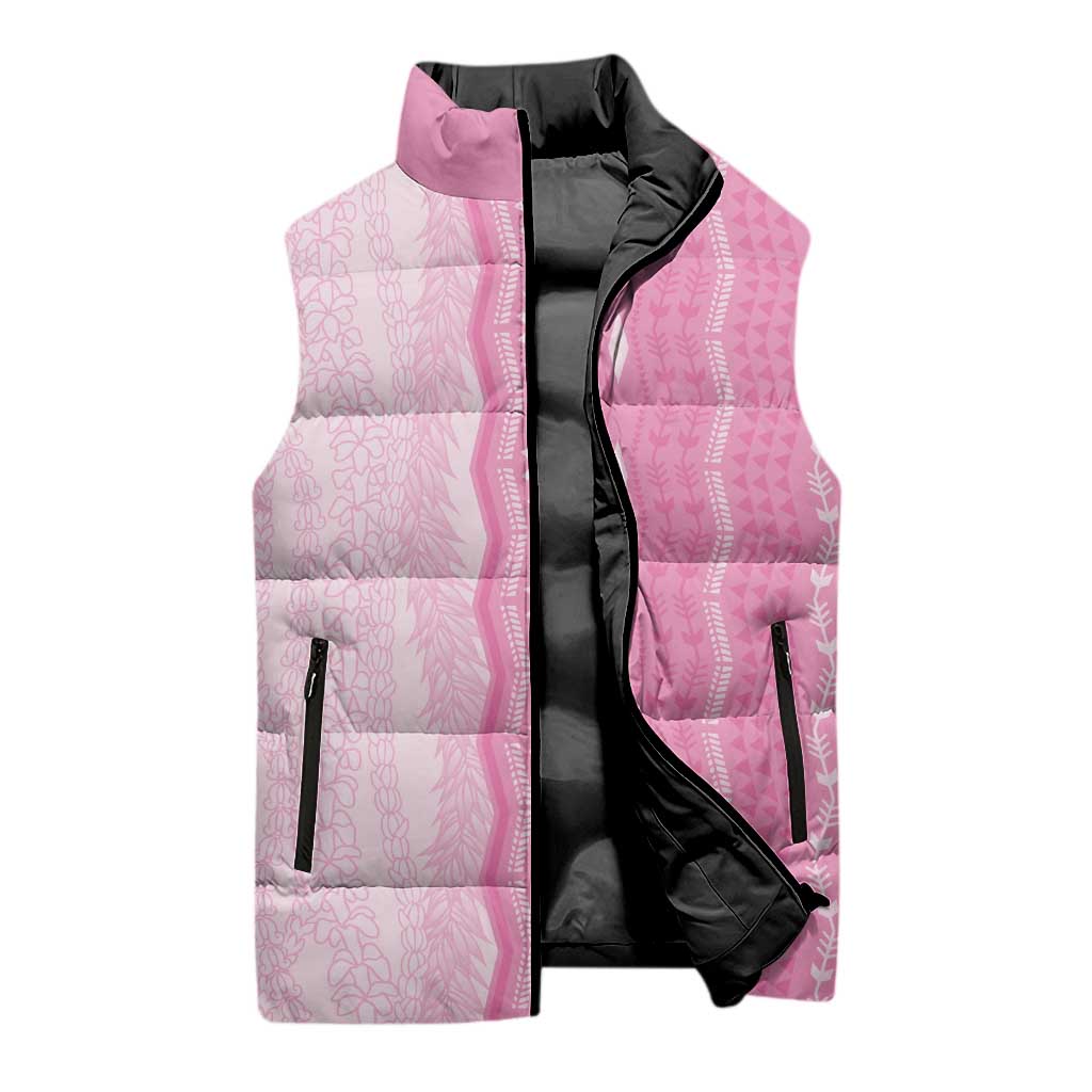 Vintage Pink Hawaiian Traditional Kapa Mix Flowers Lei Sleeveless Puffer Jacket