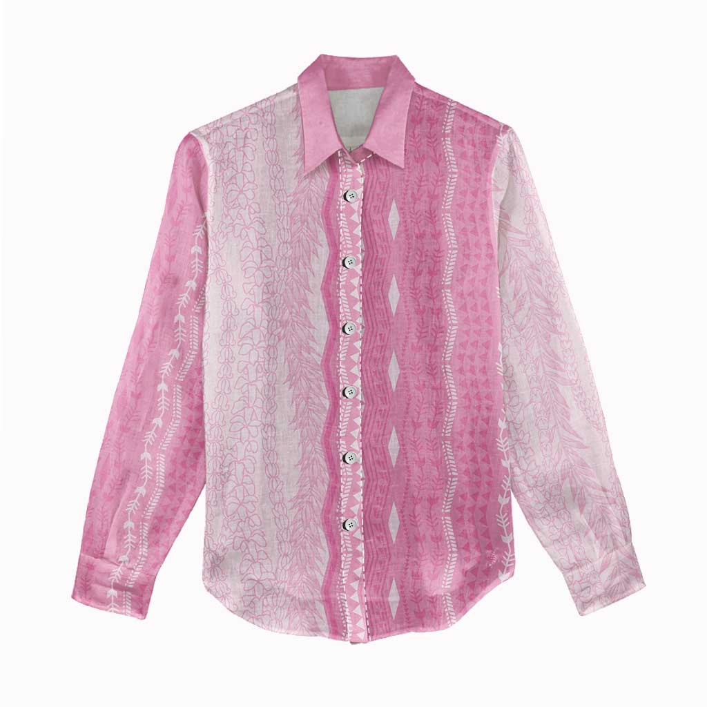 Vintage Pink Hawaiian Traditional Kapa Mix Flowers Lei Women Casual Shirt LT7 - Polynesian Pride