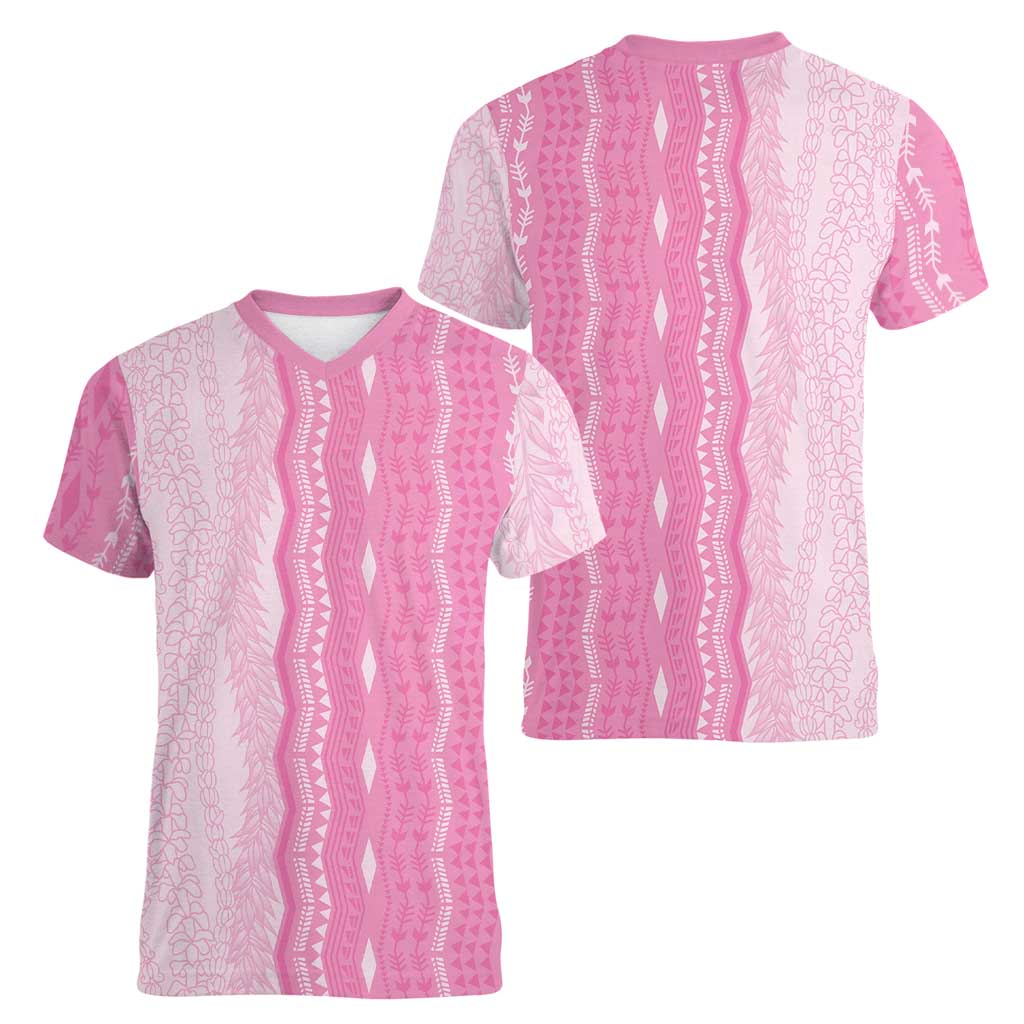 Vintage Pink Hawaiian Traditional Kapa Mix Flowers Lei Women V-Neck T-Shirt LT7 - Polynesian Pride
