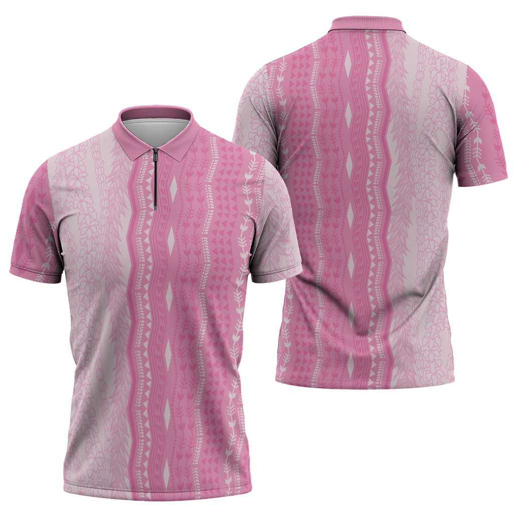 Vintage Pink Hawaiian Traditional Kapa Mix Flowers Lei Zipper Polo Shirt LT7 - Polynesian Pride
