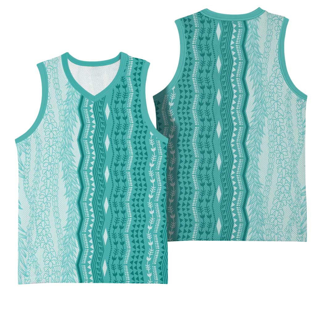 Vintage Teal Hawaiian Traditional Kapa Mix Flowers Lei Basketball Jersey