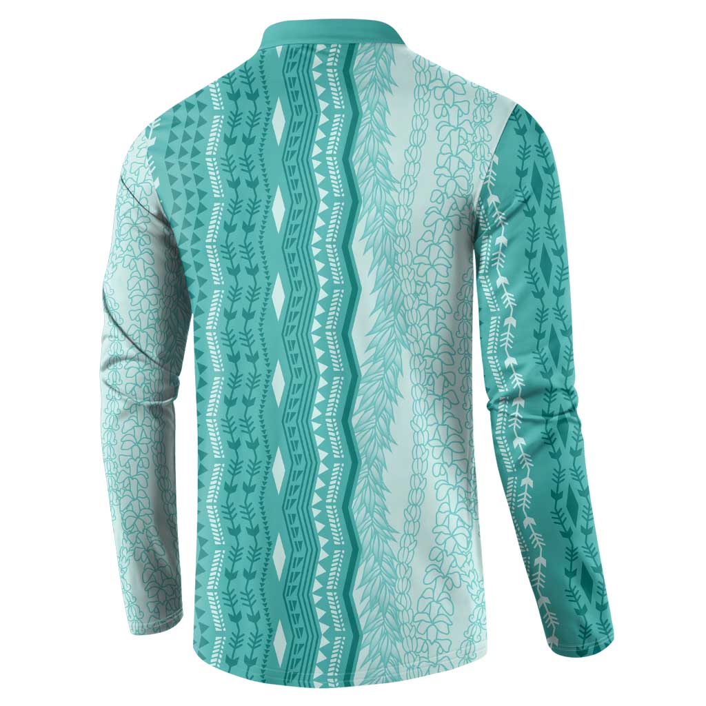 Vintage Teal Hawaiian Traditional Kapa Mix Flowers Lei Button Sweatshirt