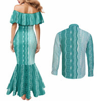 Vintage Teal Hawaiian Traditional Kapa Mix Flowers Lei Couples Matching Mermaid Dress and Long Sleeve Button Shirt LT7 - Polynesian Pride