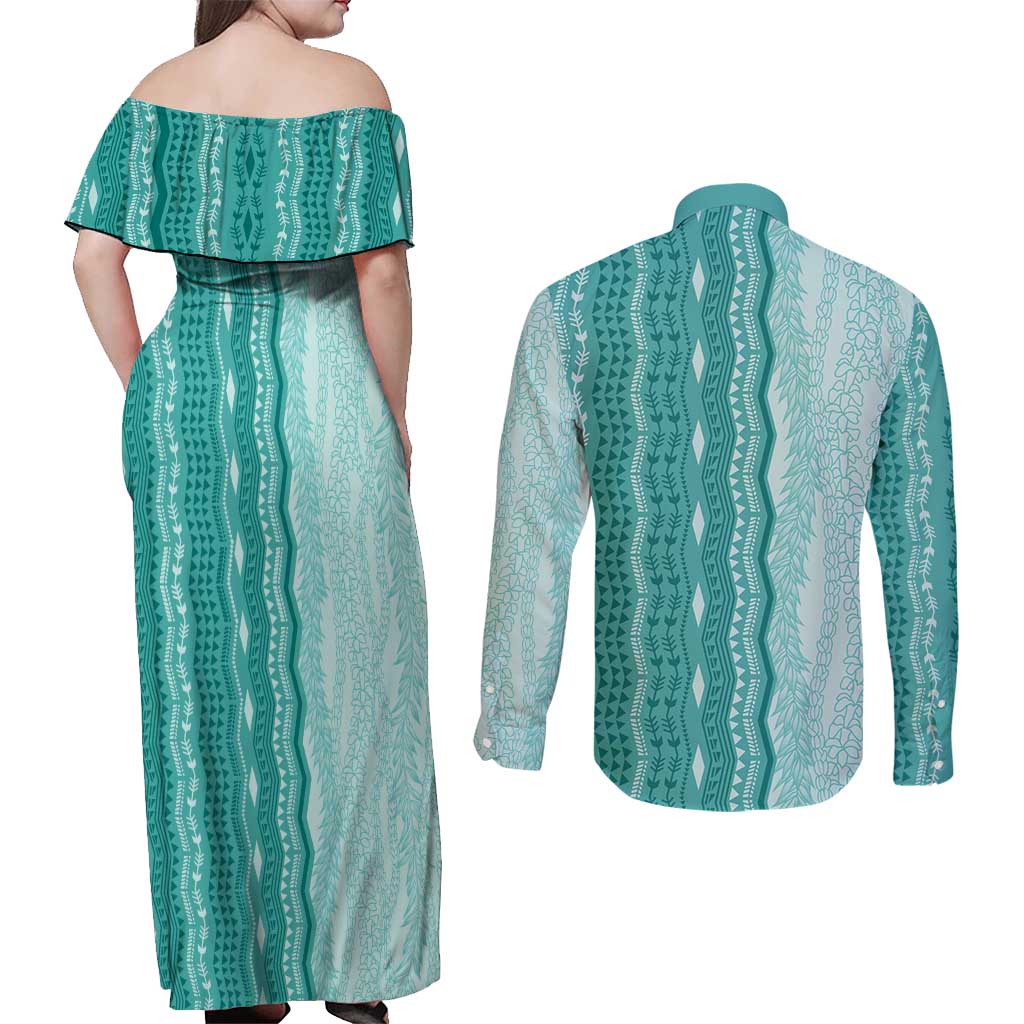 Vintage Teal Hawaiian Traditional Kapa Mix Flowers Lei Couples Matching Off Shoulder Maxi Dress and Long Sleeve Button Shirt LT7 - Polynesian Pride