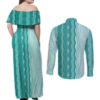 Vintage Teal Hawaiian Traditional Kapa Mix Flowers Lei Couples Matching Off Shoulder Maxi Dress and Long Sleeve Button Shirt LT7 - Polynesian Pride