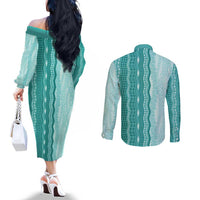 Vintage Teal Hawaiian Traditional Kapa Mix Flowers Lei Couples Matching Off The Shoulder Long Sleeve Dress and Long Sleeve Button Shirt LT7 - Polynesian Pride