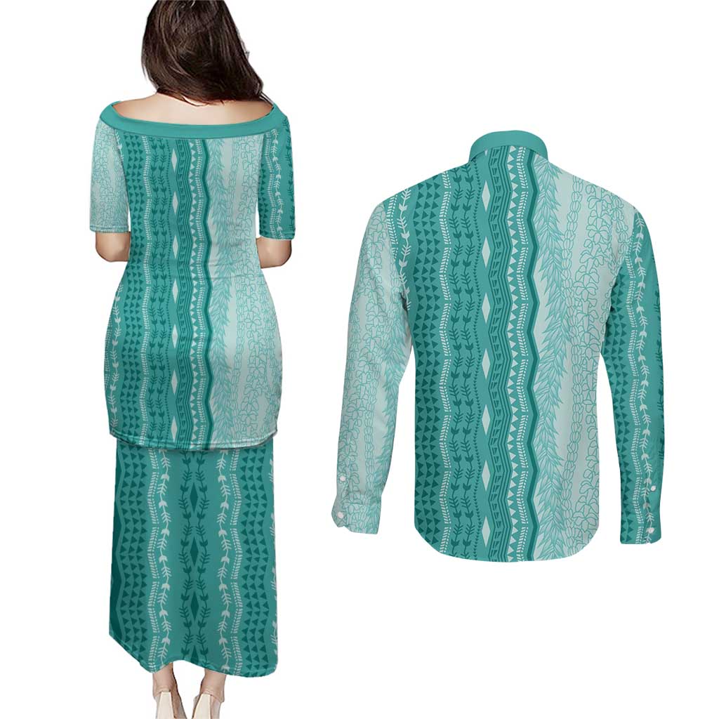 Vintage Teal Hawaiian Traditional Kapa Mix Flowers Lei Couples Matching Puletasi and Long Sleeve Button Shirt LT7 - Polynesian Pride