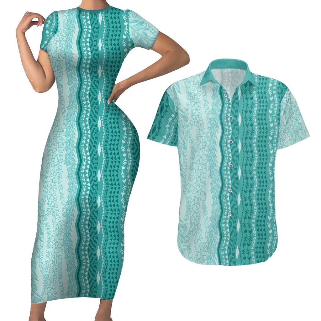 Vintage Teal Hawaiian Traditional Kapa Mix Flowers Lei Couples Matching Short Sleeve Bodycon Dress and Hawaiian Shirt LT7 Teal - Polynesian Pride