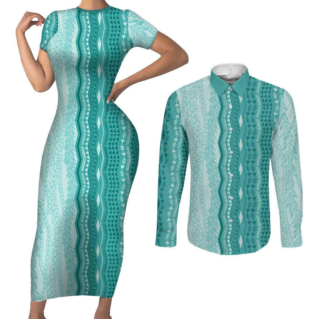 Vintage Teal Hawaiian Traditional Kapa Mix Flowers Lei Couples Matching Short Sleeve Bodycon Dress and Long Sleeve Button Shirt
