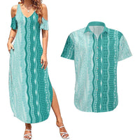 Vintage Teal Hawaiian Traditional Kapa Mix Flowers Lei Couples Matching Summer Maxi Dress and Hawaiian Shirt LT7 Teal - Polynesian Pride