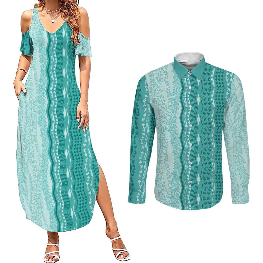 Vintage Teal Hawaiian Traditional Kapa Mix Flowers Lei Couples Matching Summer Maxi Dress and Long Sleeve Button Shirt LT7 Teal - Polynesian Pride