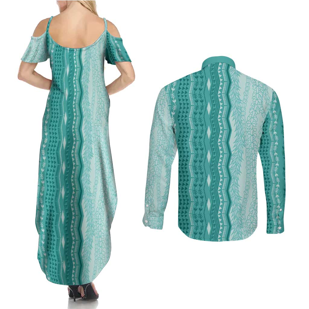 Vintage Teal Hawaiian Traditional Kapa Mix Flowers Lei Couples Matching Summer Maxi Dress and Long Sleeve Button Shirt LT7 - Polynesian Pride
