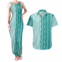 Vintage Teal Hawaiian Traditional Kapa Mix Flowers Lei Couples Matching Tank Maxi Dress and Hawaiian Shirt LT7 Teal - Polynesian Pride