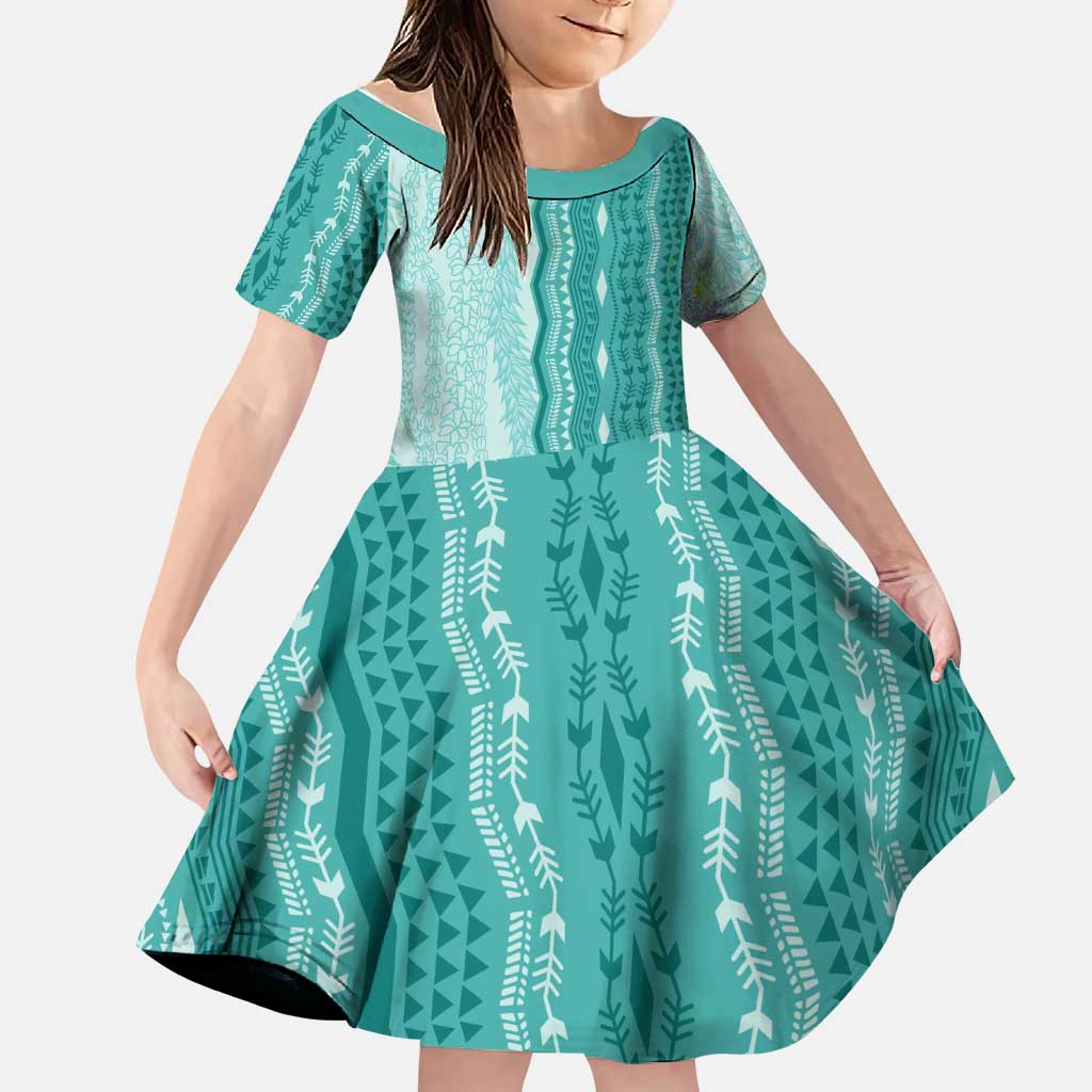 Vintage Teal Hawaiian Traditional Kapa Mix Flowers Lei Family Matching Long Sleeve Bodycon Dress and Hawaiian Shirt LT7 Daughter's Dress Teal - Polynesian Pride