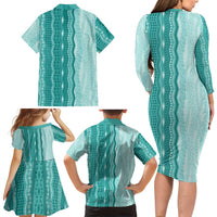 Vintage Teal Hawaiian Traditional Kapa Mix Flowers Lei Family Matching Long Sleeve Bodycon Dress and Hawaiian Shirt LT7 - Polynesian Pride