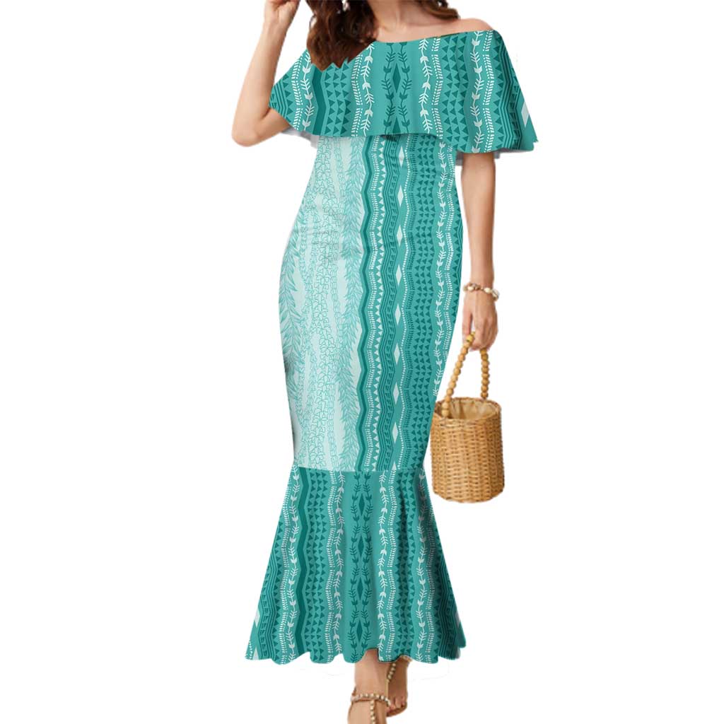 Vintage Teal Hawaiian Traditional Kapa Mix Flowers Lei Family Matching Mermaid Dress and Hawaiian Shirt LT7 Mom's Dress Teal - Polynesian Pride