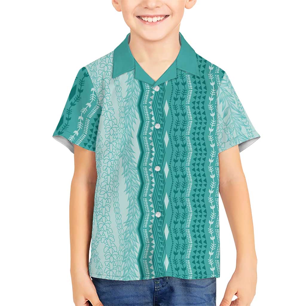 Vintage Teal Hawaiian Traditional Kapa Mix Flowers Lei Family Matching Mermaid Dress and Hawaiian Shirt LT7 Son's Shirt Teal - Polynesian Pride
