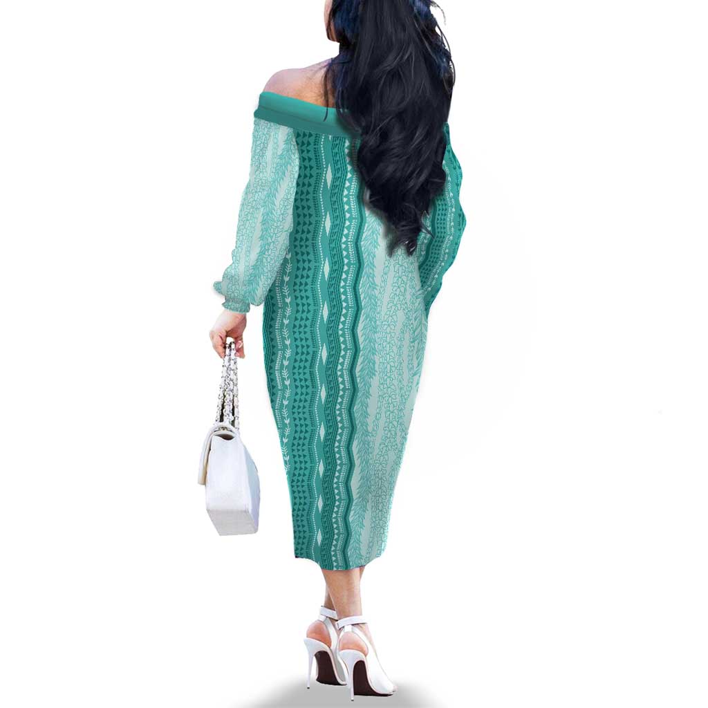Vintage Teal Hawaiian Traditional Kapa Mix Flowers Lei Family Matching Off The Shoulder Long Sleeve Dress and Hawaiian Shirt LT7 - Polynesian Pride