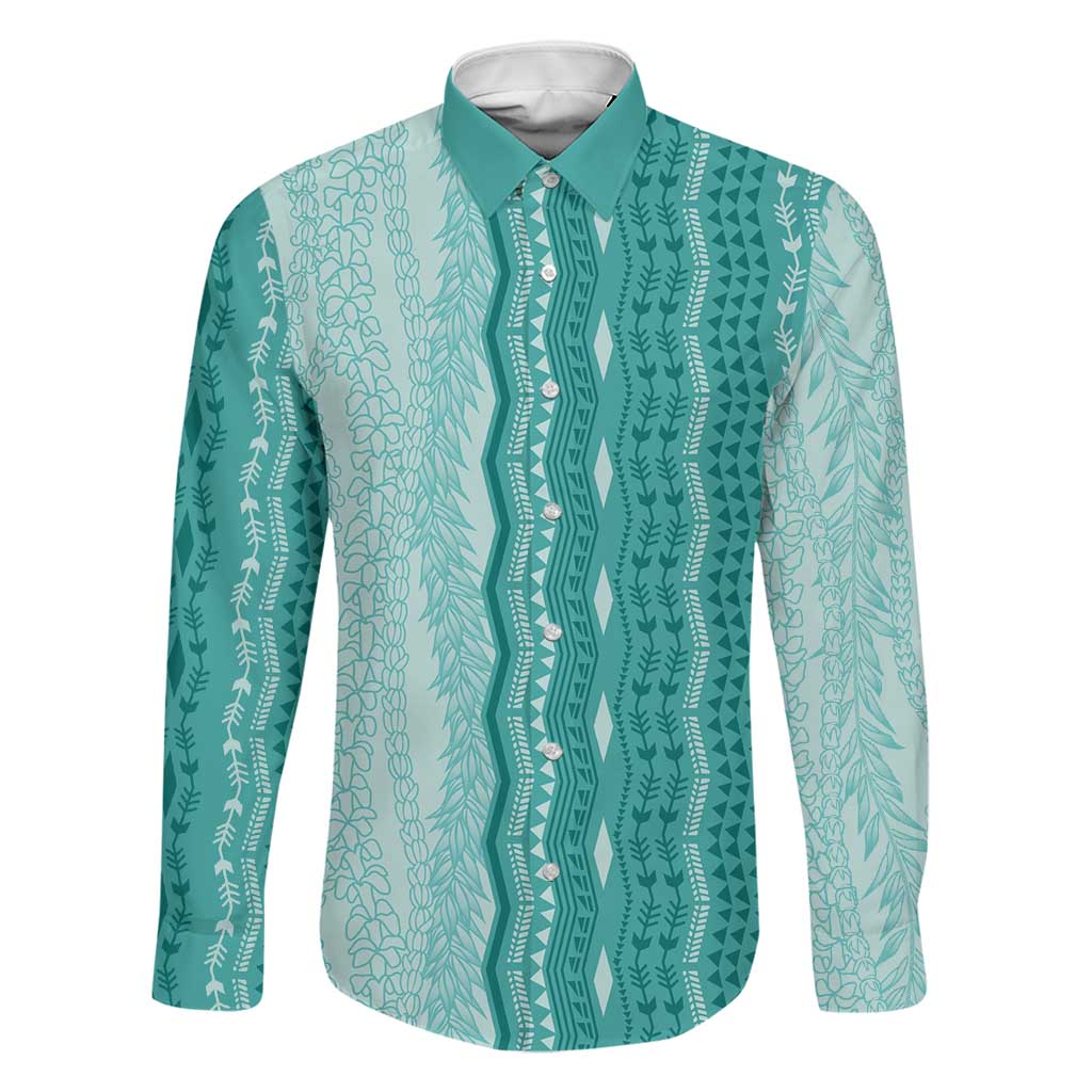 Vintage Teal Hawaiian Traditional Kapa Mix Flowers Lei Family Matching Puletasi and Hawaiian Shirt LT7 Dad's Shirt - Long Sleeve Teal - Polynesian Pride