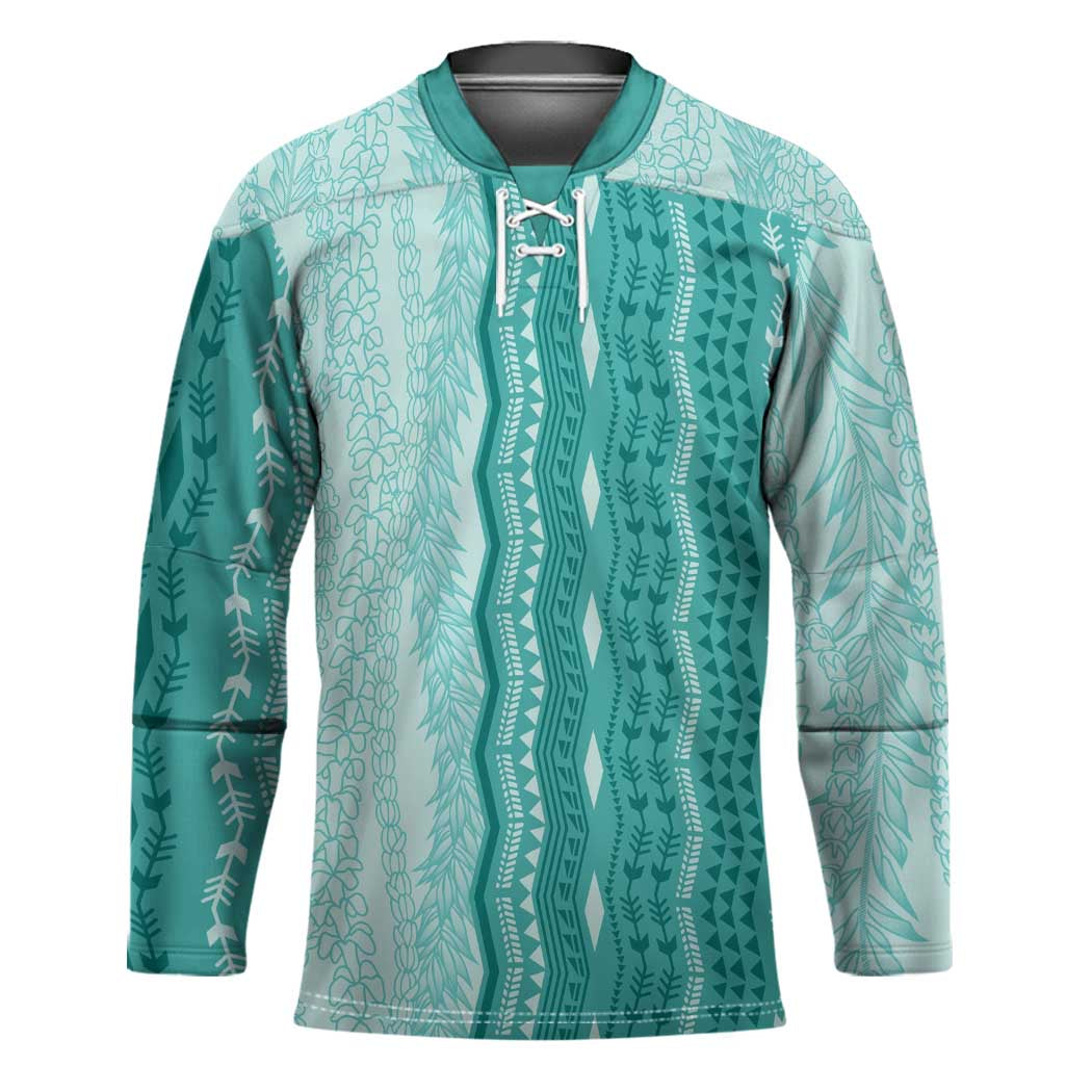 Vintage Teal Hawaiian Traditional Kapa Mix Flowers Lei Hockey Jersey