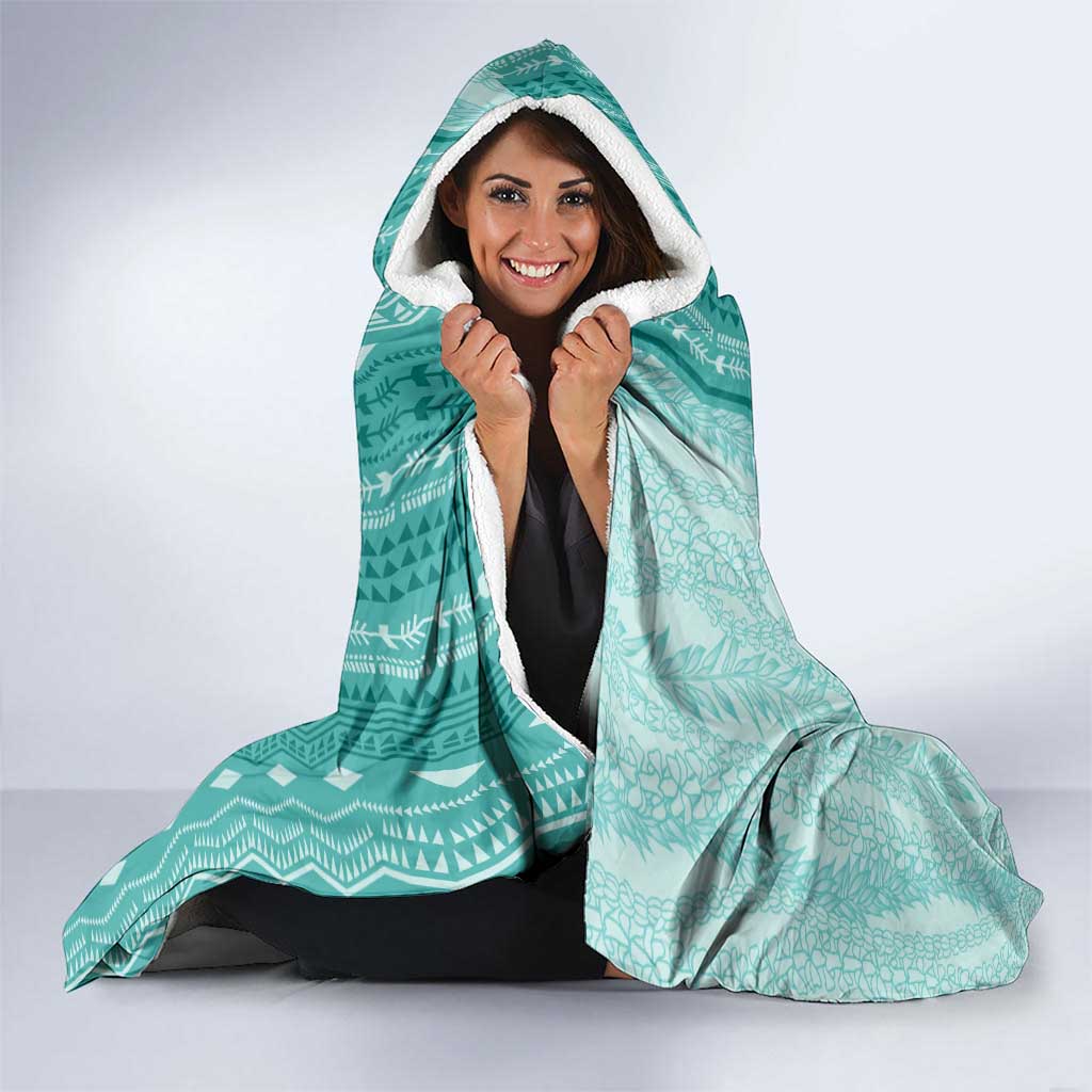 Vintage Teal Hawaiian Traditional Kapa Mix Flowers Lei Hooded Blanket