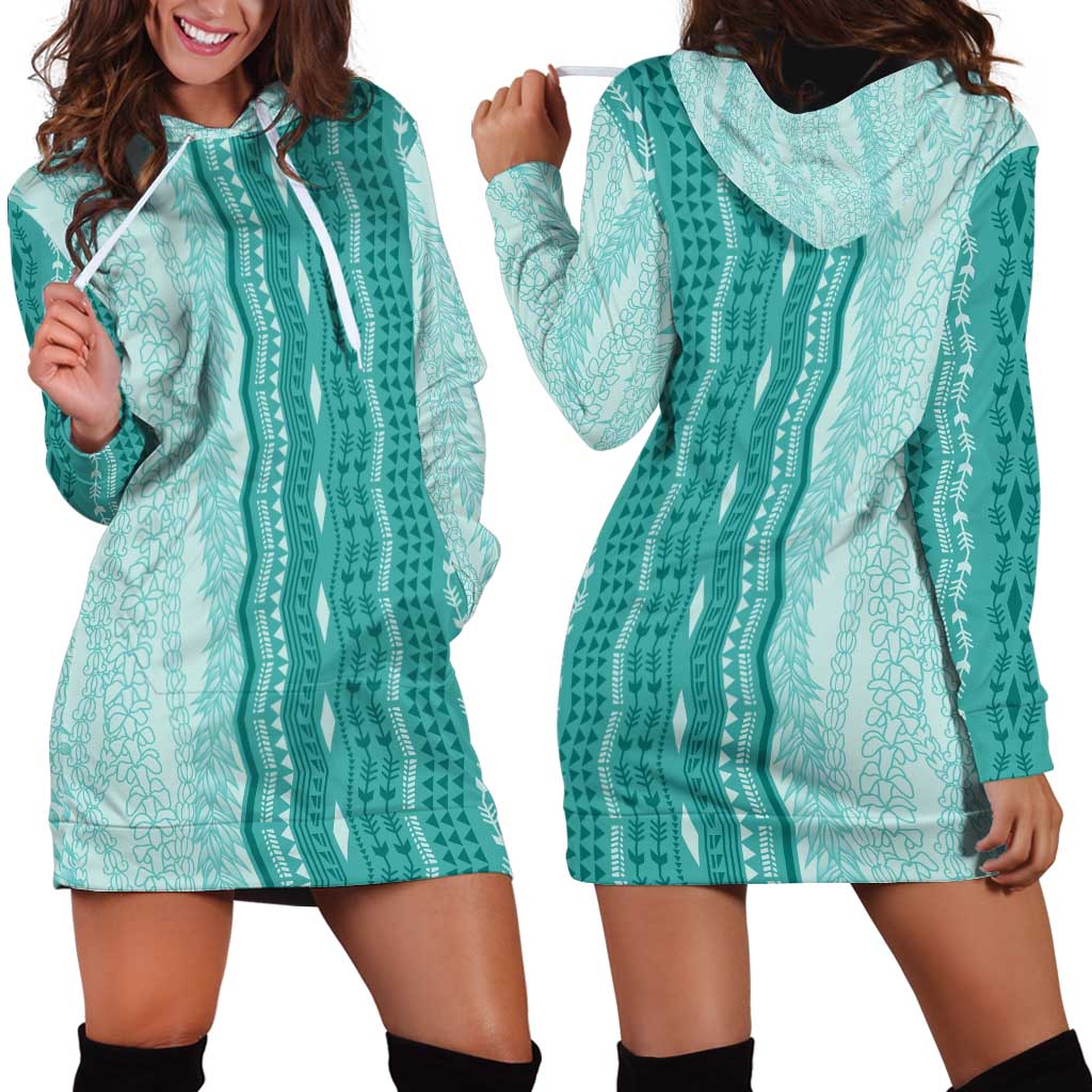 Vintage Teal Hawaiian Traditional Kapa Mix Flowers Lei Hoodie Dress LT7 - Polynesian Pride
