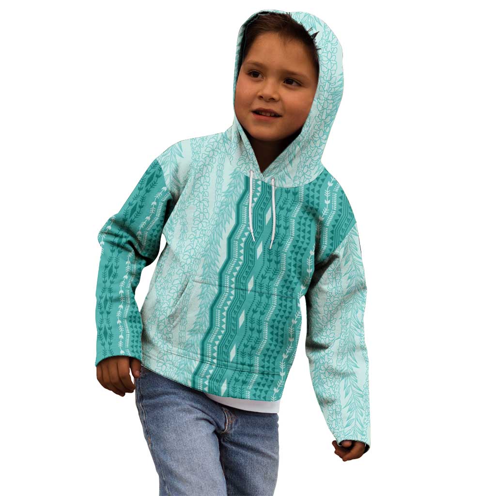 Vintage Teal Hawaiian Traditional Kapa Mix Flowers Lei Kid Hoodie
