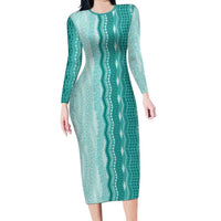 Vintage Teal Hawaiian Traditional Kapa Mix Flowers Lei Long Sleeve Bodycon Dress LT7 Long Dress Teal - Polynesian Pride