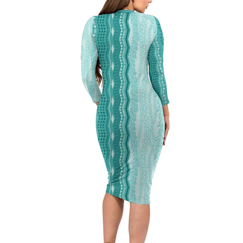 Vintage Teal Hawaiian Traditional Kapa Mix Flowers Lei Long Sleeve Bodycon Dress LT7 - Polynesian Pride