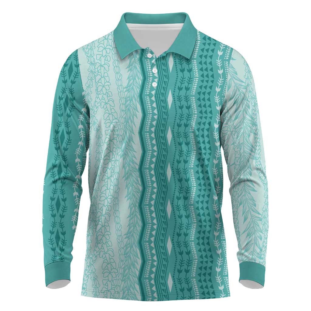 Vintage Teal Hawaiian Traditional Kapa Mix Flowers Lei Long Sleeve Polo Shirt LT7 Teal - Polynesian Pride