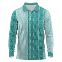 Vintage Teal Hawaiian Traditional Kapa Mix Flowers Lei Long Sleeve Polo Shirt LT7 Teal - Polynesian Pride
