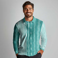 Vintage Teal Hawaiian Traditional Kapa Mix Flowers Lei Long Sleeve Polo Shirt LT7 - Polynesian Pride