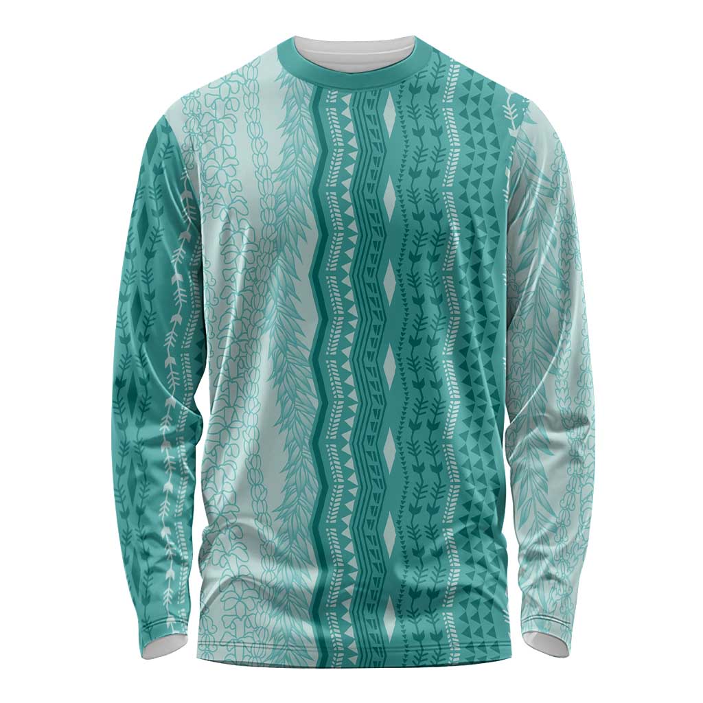 Vintage Teal Hawaiian Traditional Kapa Mix Flowers Lei Long Sleeve Shirt