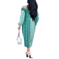 Vintage Teal Hawaiian Traditional Kapa Mix Flowers Lei Off The Shoulder Long Sleeve Dress LT7 - Polynesian Pride