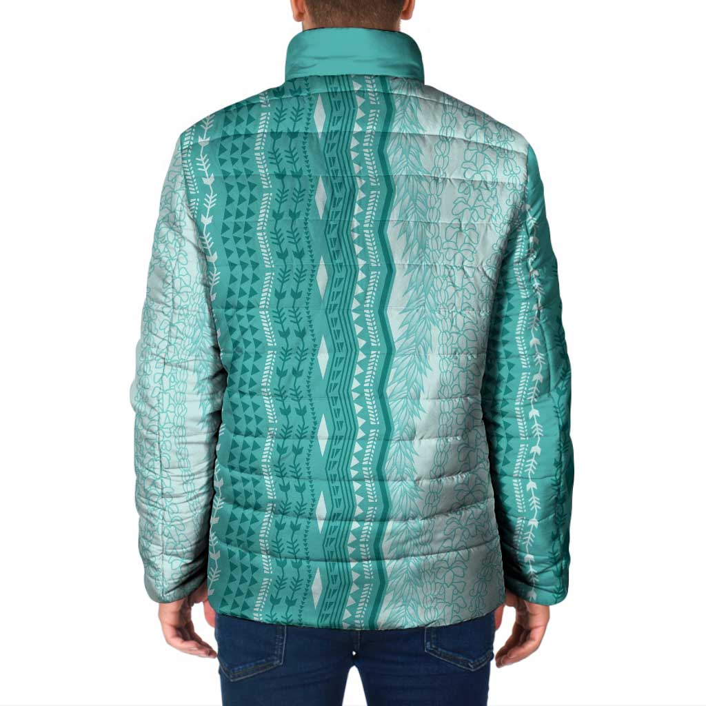 Vintage Teal Hawaiian Traditional Kapa Mix Flowers Lei Padded Jacket LT7 - Polynesian Pride