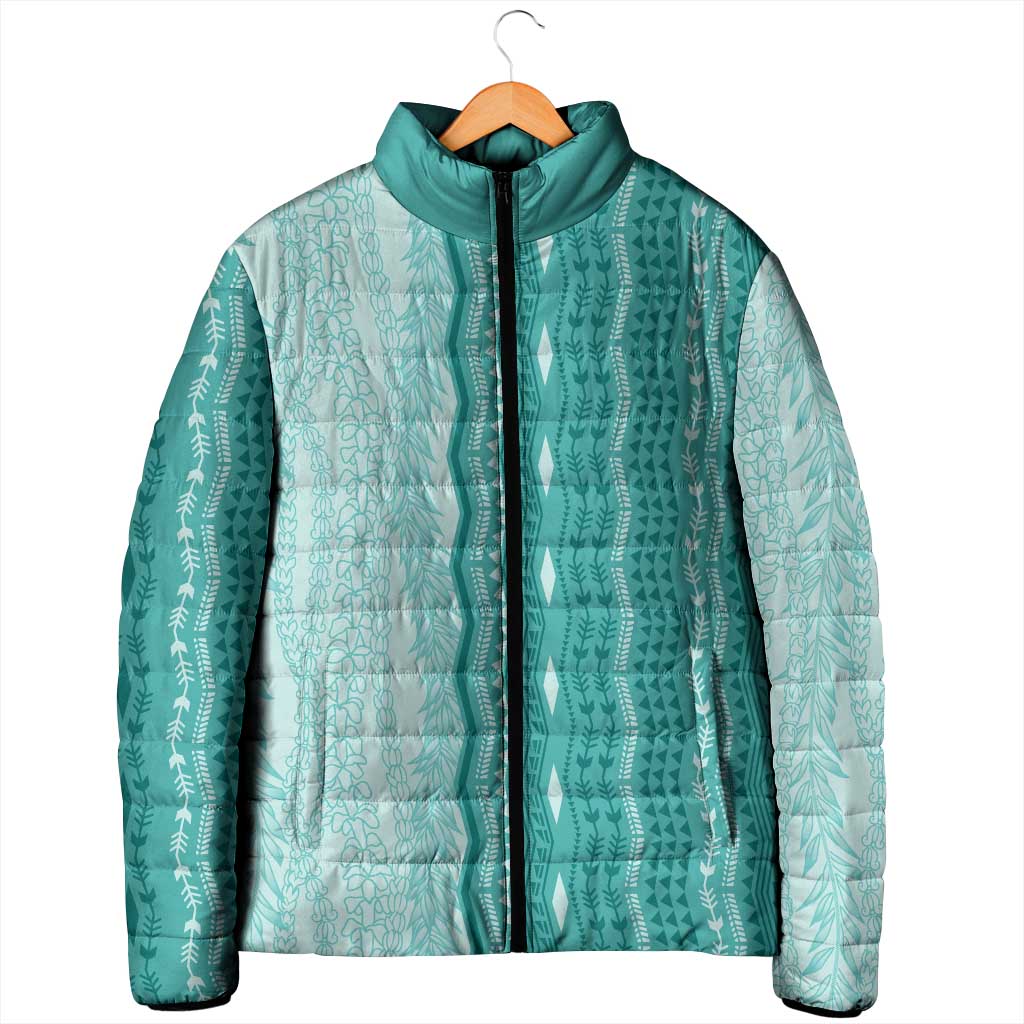 Vintage Teal Hawaiian Traditional Kapa Mix Flowers Lei Padded Jacket LT7 - Polynesian Pride