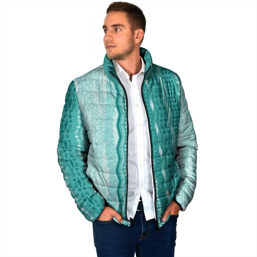 Vintage Teal Hawaiian Traditional Kapa Mix Flowers Lei Padded Jacket LT7 - Polynesian Pride