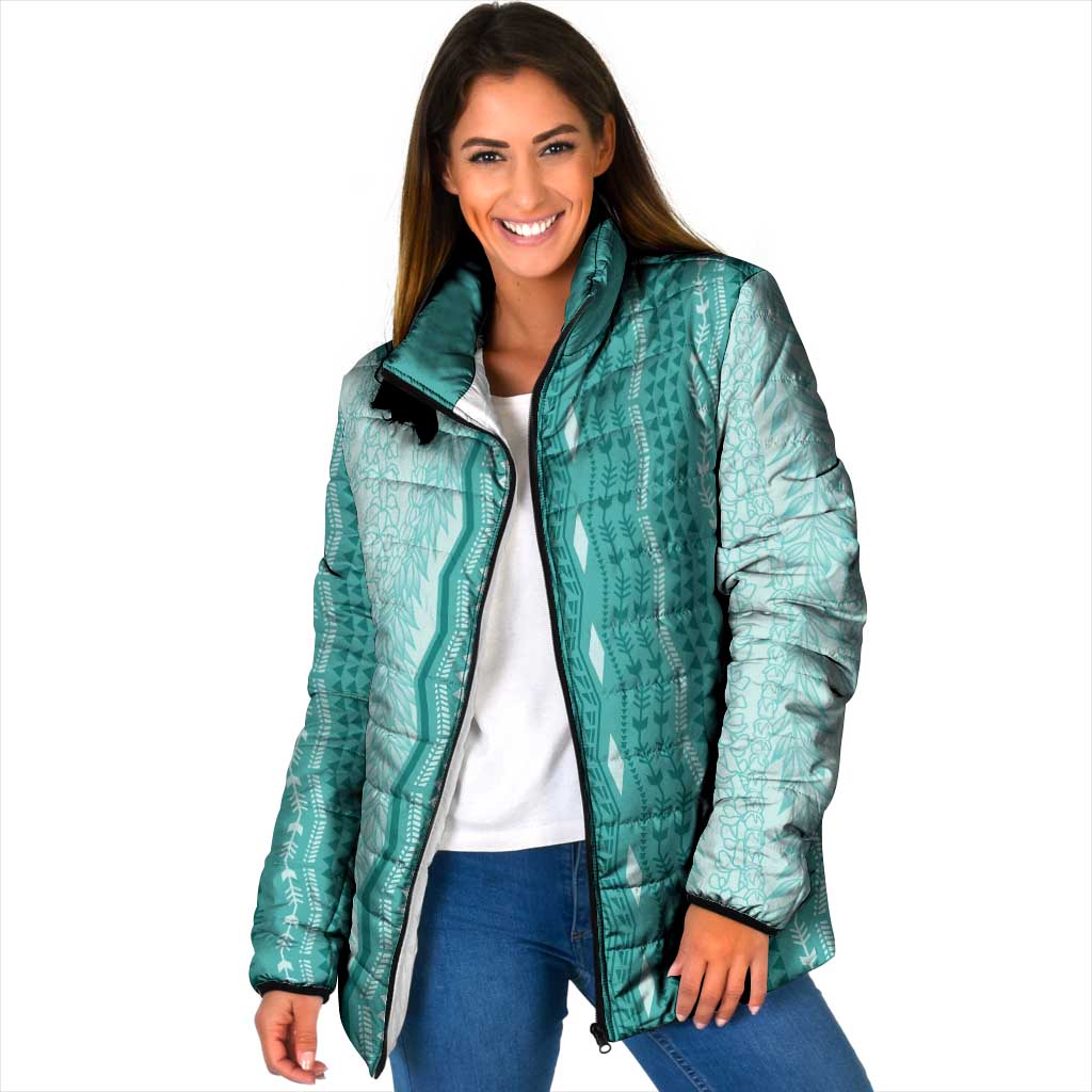 Vintage Teal Hawaiian Traditional Kapa Mix Flowers Lei Padded Jacket LT7 Women Teal - Polynesian Pride
