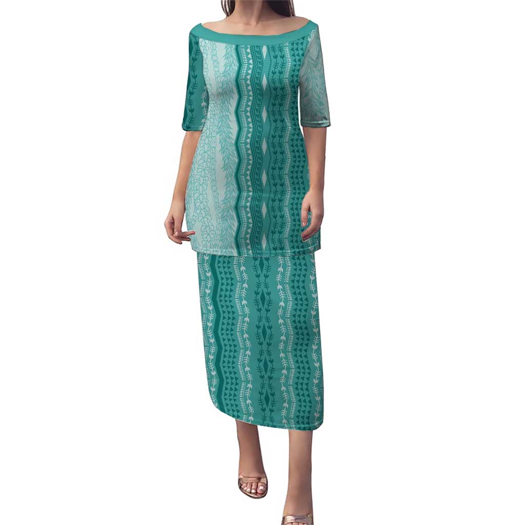 Vintage Teal Hawaiian Traditional Kapa Mix Flowers Lei Puletasi LT7 Long Dress Teal - Polynesian Pride