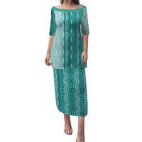 Vintage Teal Hawaiian Traditional Kapa Mix Flowers Lei Puletasi LT7 Long Dress Teal - Polynesian Pride