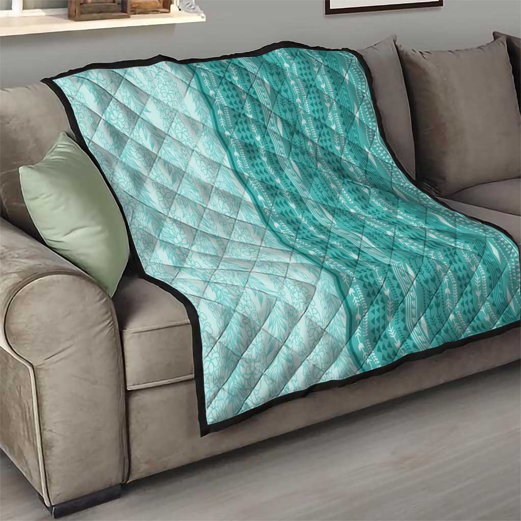 Vintage Teal Hawaiian Traditional Kapa Mix Flowers Lei Quilt