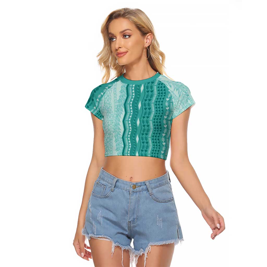 Vintage Teal Hawaiian Traditional Kapa Mix Flowers Lei Raglan Cropped T Shirt